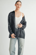 Load image into Gallery viewer, Trendy women&#39;s fashion | Faux Leather Oversize long sleeve button closure black Jacket.
