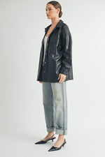 Load image into Gallery viewer, Trendy women&#39;s fashion | Faux Leather Oversize long sleeve button closure black Jacket.
