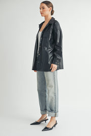 Trendy women's fashion | Faux Leather Oversize long sleeve button closure black Jacket.