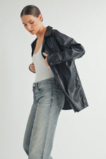 Load image into Gallery viewer, Trendy women&#39;s fashion | Faux Leather Oversize long sleeve button closure black Jacket.
