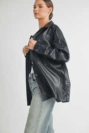 Trendy women's fashion | Faux Leather Oversize long sleeve button closure black Jacket.