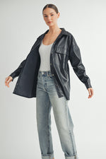 Load image into Gallery viewer, Trendy women&#39;s fashion | Faux Leather Oversize long sleeve button closure black Jacket.
