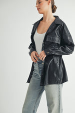 Load image into Gallery viewer, Trendy women&#39;s fashion | Faux Leather Oversize long sleeve button closure black Jacket.
