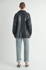 Load image into Gallery viewer, Trendy women&#39;s fashion | Faux Leather Oversize long sleeve button closure black Jacket.
