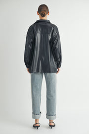 Trendy women's fashion | Faux Leather Oversize long sleeve button closure black Jacket.