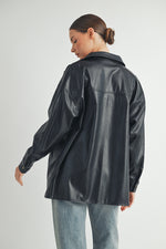 Load image into Gallery viewer, Trendy women&#39;s fashion | Faux Leather Oversize long sleeve button closure black Jacket.
