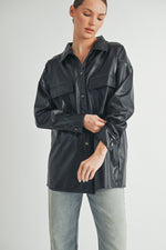 Load image into Gallery viewer, Trendy women&#39;s fashion | Faux Leather Oversize long sleeve button closure black Jacket.
