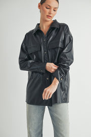 Trendy women's fashion | Faux Leather Oversize long sleeve button closure black Jacket.