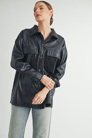 Trendy women's fashion | Faux Leather Oversize long sleeve button closure black Jacket.