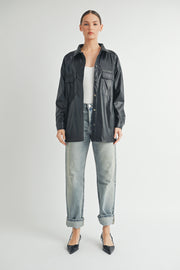 trendy women's fashion | Faux Leather Oversize long sleeve button closure Jacket