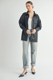 trendy women's fashion | Faux Leather Oversize long sleeve button closure Jacket