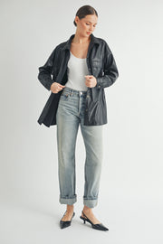 trendy women's fashion | Faux Leather Oversize long sleeve button closure Jacket