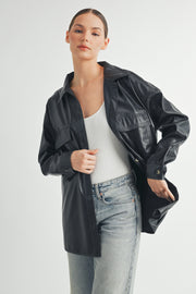 trendy women's fashion | Faux Leather Oversize long sleeve button closure Jacket