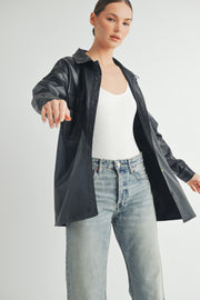 Trendy women's fashion | Faux Leather Oversize long sleeve button closure Jacket.