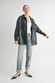 trendy women's fashion | Faux Leather Oversize long sleeve button closure black Jacket