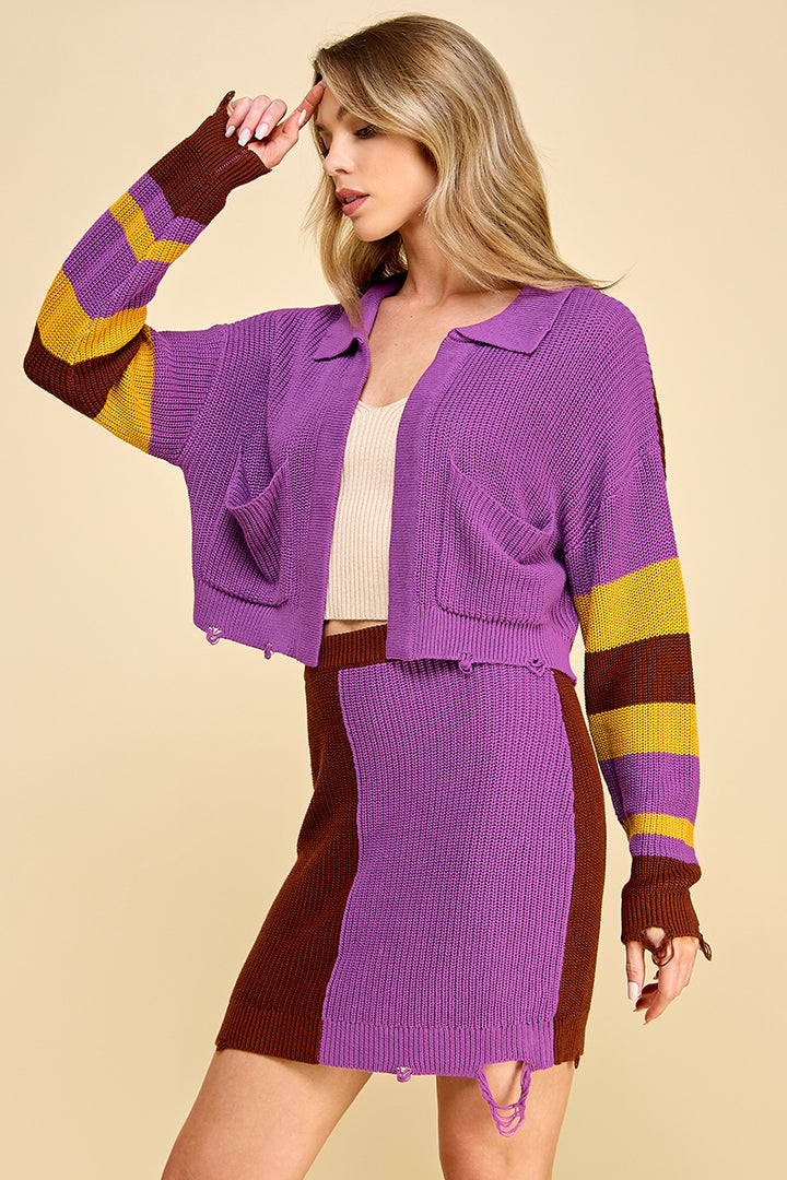 Color Block Knit Cardigan & Skirt Set I ABNS0657