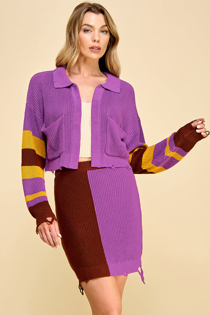 Color Block Knit Cardigan & Skirt Set I ABNS0657