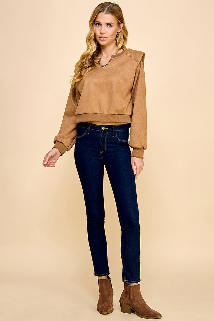 Suede Padded Shoulder Long Sleeves Top / S#ABVT0311